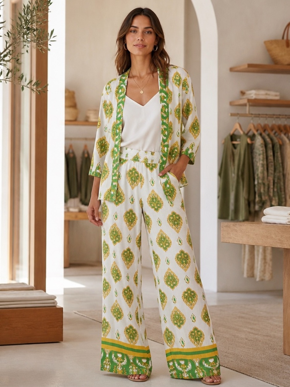Haute Hippie Women’s White, Green & Gold Printed Linen Wide-Leg Pant Set - Picture 5 of 9